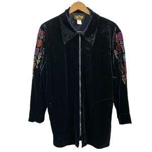 BOB MACKIE Wearable Art Black Velour  Jacket w/ Colorful Embroidery & Scarf